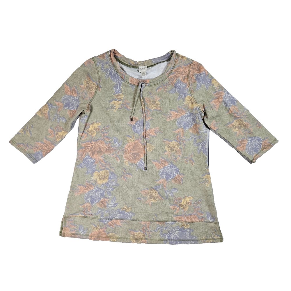 Chico's Zenergy Top Women's Large Green Floral 3/4 Sleeve Tie Neck Stretch